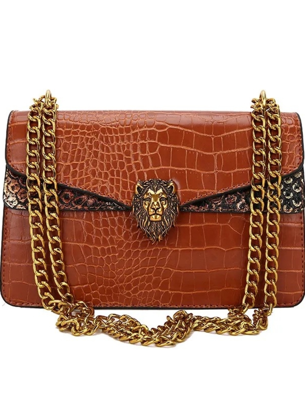Lion-Emblem Croc-Texture Shoulder Bag in Cognac